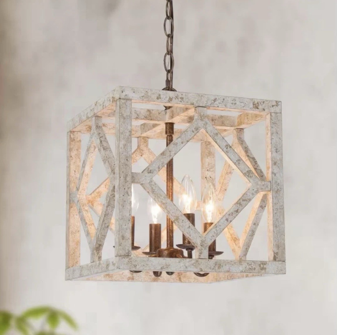 LNC Farmhouse Antique White Wood Chandelier with Weathered Square Cage Pendant