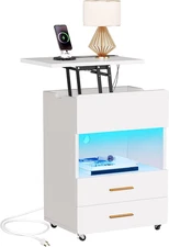 LED Nightstand with Charging Station, White Night Stand with Reversible Lift Top