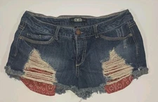 REWASH 9/29 Blue Denim Jeans Mini Shorts Low Waist Distressed Red Pockets