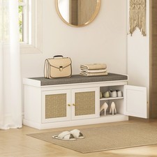 Shoe Bench with Storage, Woven Doors, Seat, Entryway Storage Bench, White