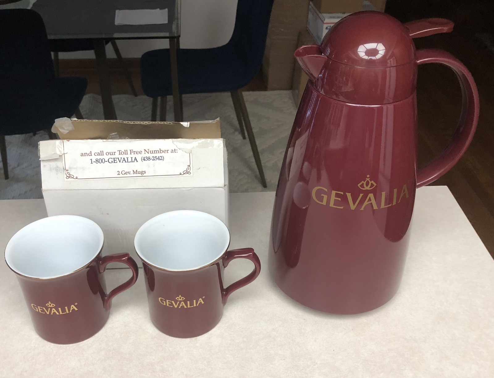 Gevalia Thermal Server Carafe Maroon Pitcher & 2 Coffee Mugs New