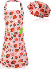 Kids Apron and Chef Hat Set, Cute Strawberry Apron Adjustable Kids Aprons with 2