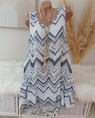 Italy Kleid Oversize Midi Sommer Strandkleid Zickzack Muster Weiß Blau 44 46