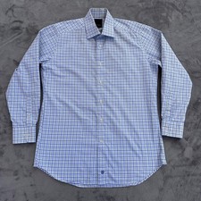 David Donahue Shirt Mens 16 32/33 Blue Green Plaid Trim Fit Cotton Button Up