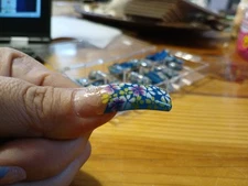 Remnant ~75 FAKE PLASTIC SQUARE FRENCH NAIL TIPS ART  BLUE WHITE PEONY FLOWERS