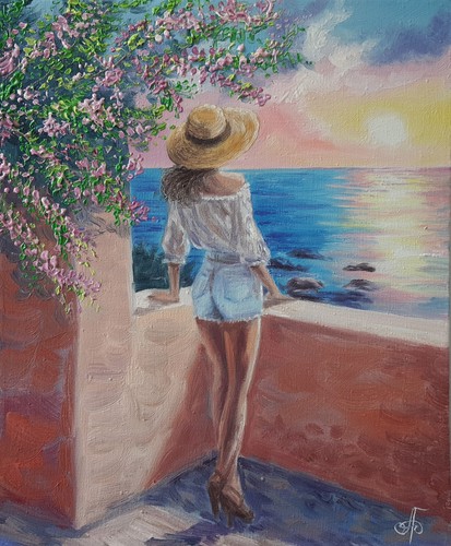 Original Oil Mediterranean Seascape Painting Woman Canvas Impressionist Artwork - Picture 2 of 22