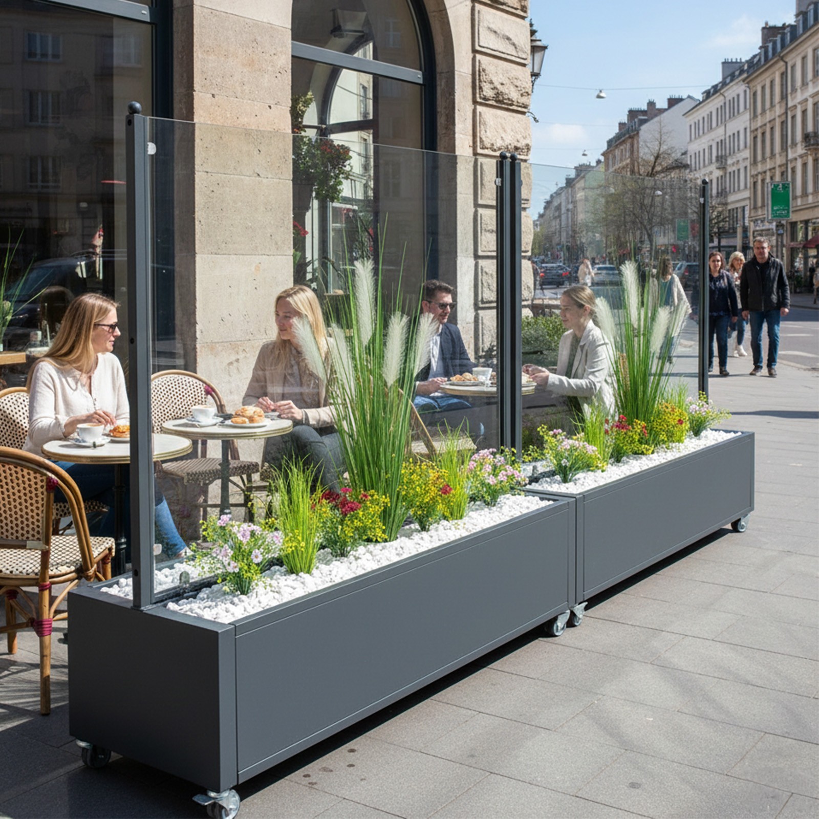 XXXL Mobiler Windschutz anthrazit 200cm Rollen Klarglas vormontiert Pflanzkasten