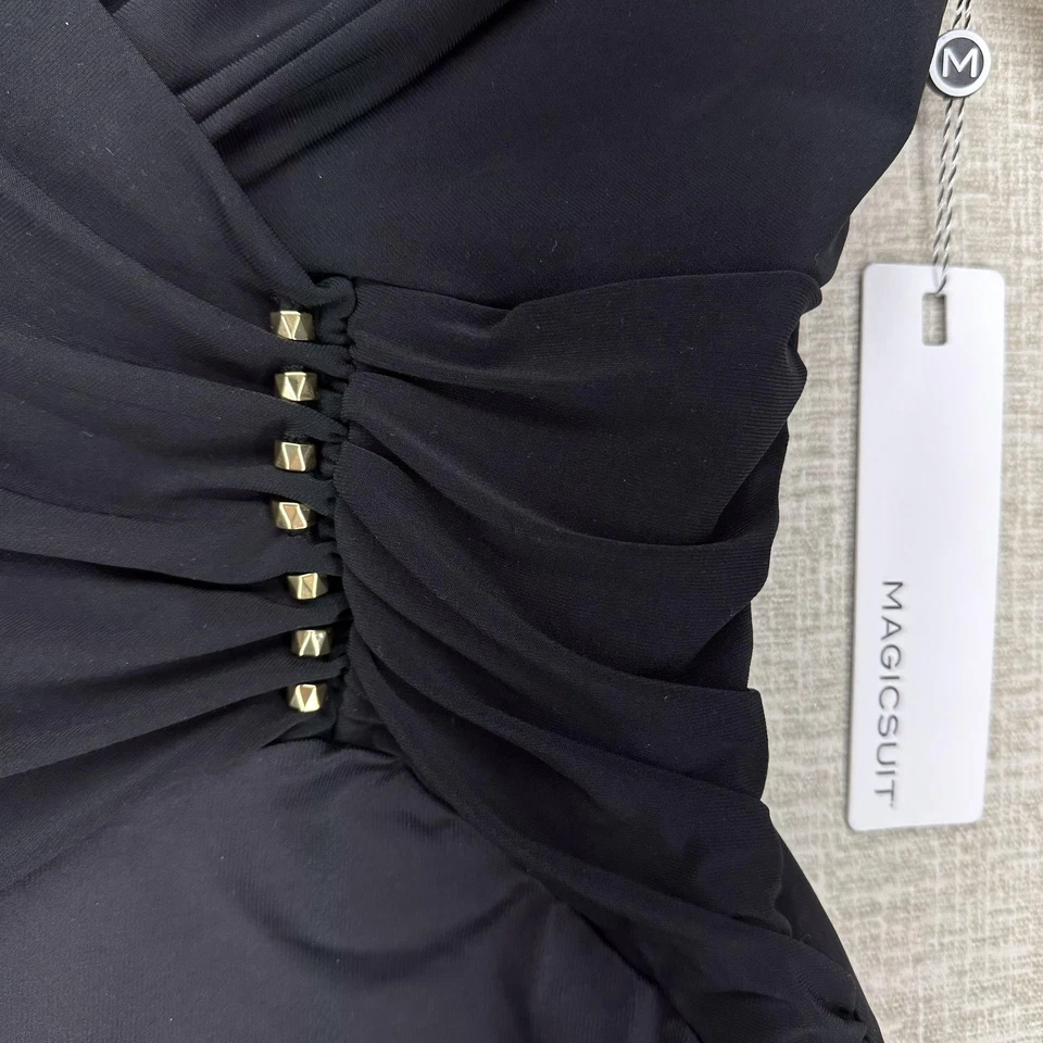 Traje de baño Magicsuit de una pieza para mujer 16 negro acanalado control de barriga tachuelas doradas Foto 4 de 4