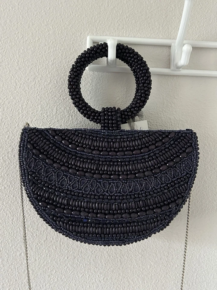 Bolso de cadena hecho a mano en la India con asa superior en forma de media luna azul marino oscuro OS Foto 4 de 4