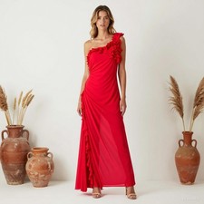 Evening Glam Maxi Dress Red One Shoulder Sleeveless Ruffles Lined Cocktail US 6