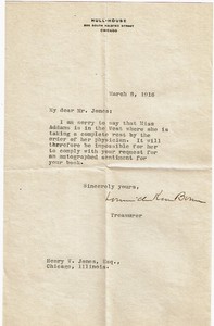 Signed Letter by the Hull-House Treasurer on Hull-House Stationary~March 8, 1916