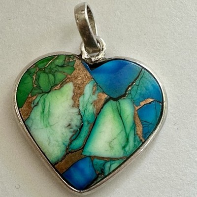 Peacock Dahlia Heart  Pendant - Blue, Green And Copper Colored Set In St Silver