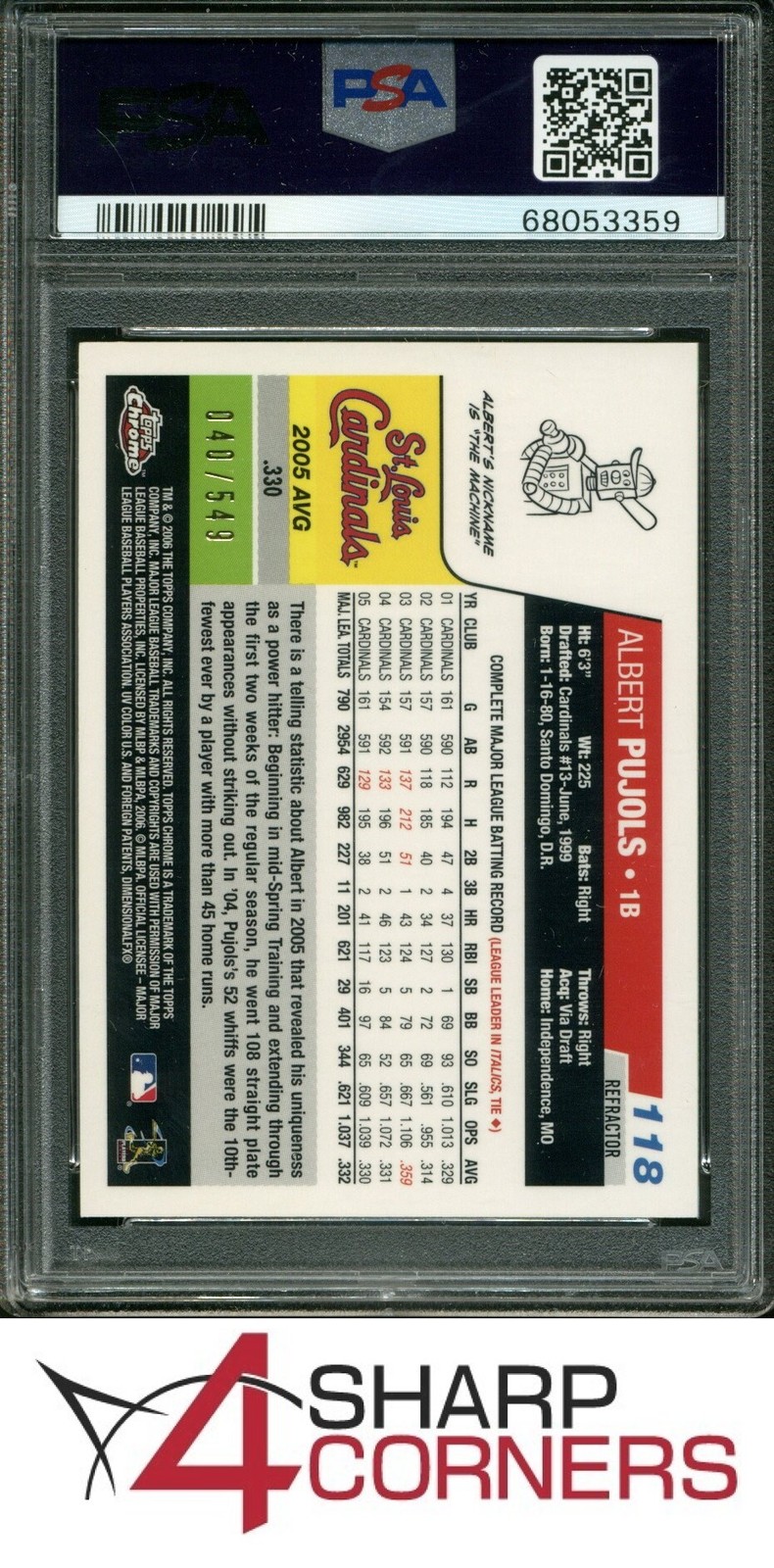 2006 TOPPS CHROME BLACK REFRACTOR #118 ALBERT PUJOLS #/549 PSA 10 view 2