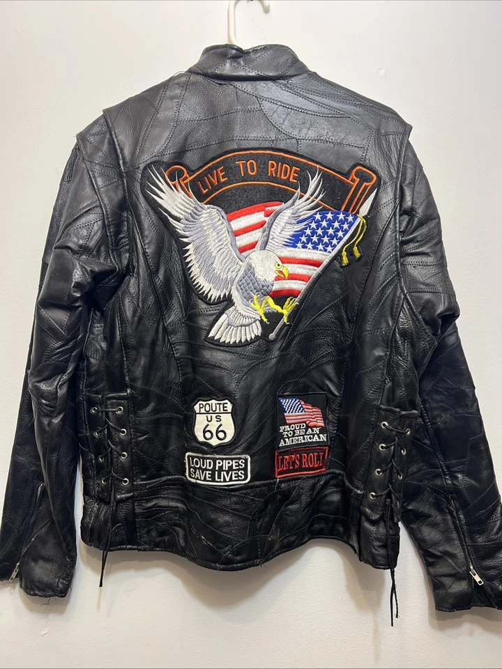 男式钻石板 Live To Ride 拉链衬里摩托车骑手皮革夹克-L — 第 2/2 张图片