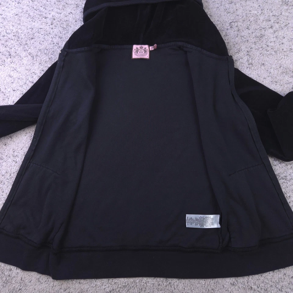 Juicy Couture Velour Jacket Womens Small Hooded Black Full Zip Pockets USA Made - Image 3 of 4