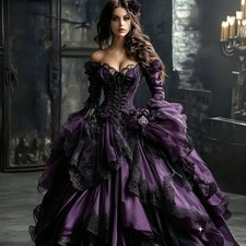 Vintage Ruffled Dark Purple Black Prom Dresses Gothic Halloween Masquerade Gowns