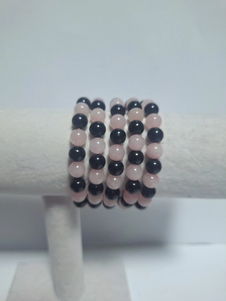 elastisches Perlenarmband aus Stein, Onyx und Rosenquarz Perlen - Bild 3 von 4