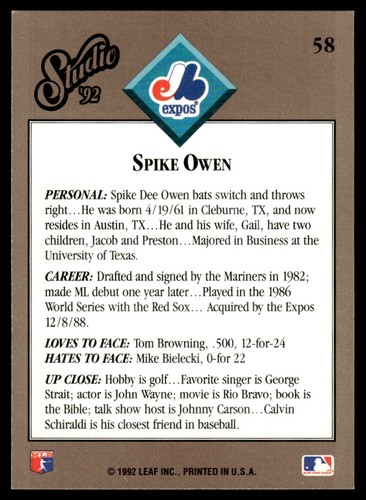 1992 Studio Spike Owen Montreal Expos #58 - Picture 2 of 2
