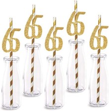 65th Birthday Paper Straw Decor, 24-Pack Real Gold Glitter Cut-Out Numbers Happy