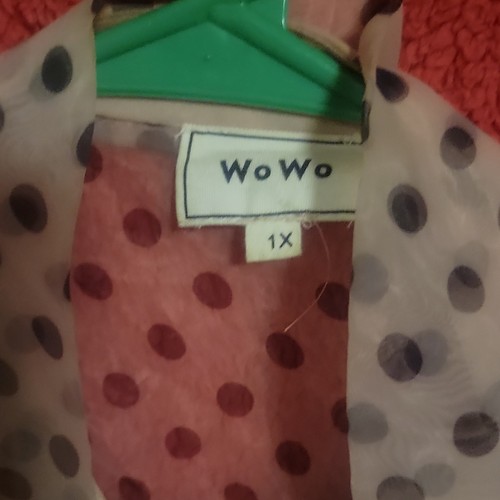 WoWo Women’s Plus 1X Sheer Polka Dot Button-Front Long Sleeve Blouse Beige/Black