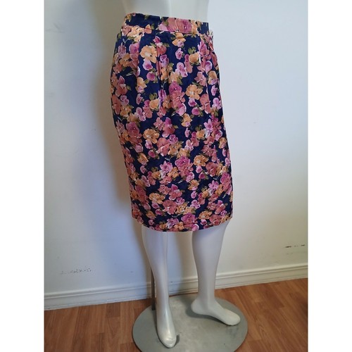 Papell Petites Dark Blue Floral Print Short Sleeve Skirt Suit 6 Small Silk 2pc - Picture 6 of 6