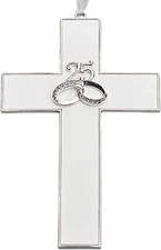 7" White Cross with Silver Tone Trimmed, 25 Year with Rings Anniversary Cross