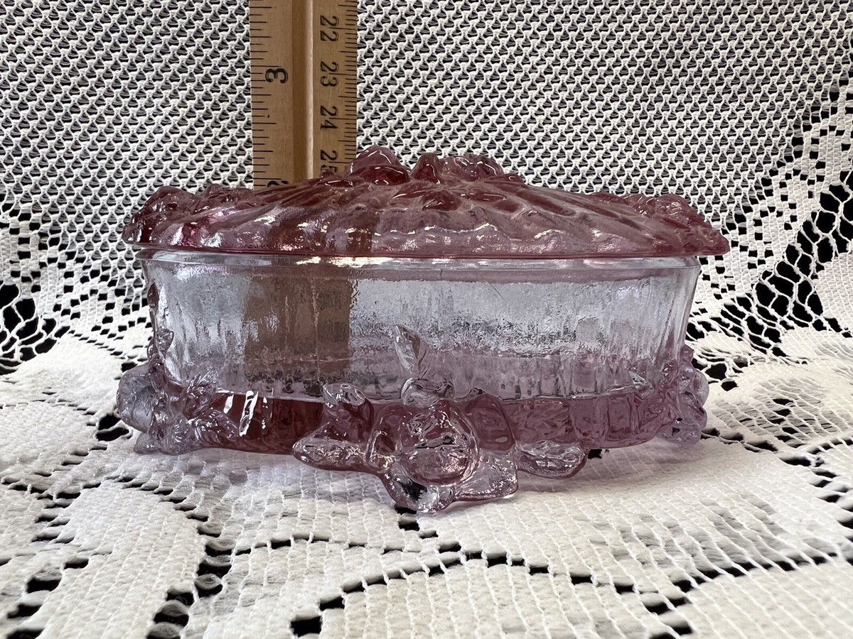 Fenton Cabbage Rose Pink Glass Covered Trinket Box - Footed - 4 3 