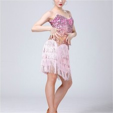 Ladies Latin Dance Dress Sequins Tasseled Salsa Rumba Tango Dancewear Glitter