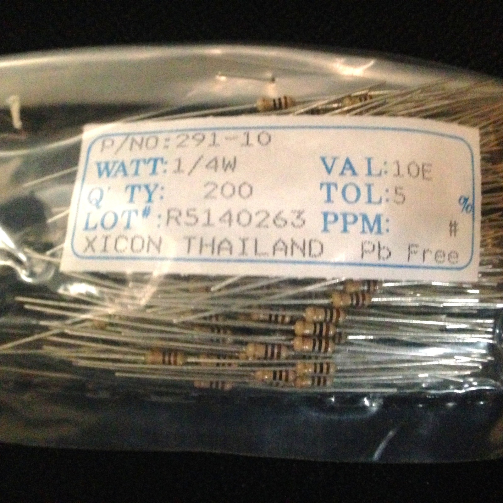 10 Ohms 5 Tol. 1/4w Xicon Carbon Film Resistors (200 Pieces) P/N 291