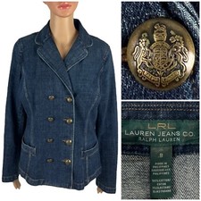 Ralph Lauren Women 8 Jacket Denim Double Breasted RL Blazer Crest Buttons Blue