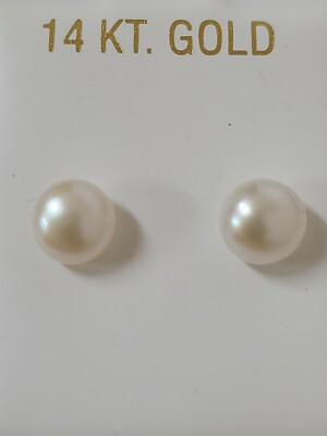 14k Yellow Gold Pearl Stud Earrings 7.5 mm Round Flat Pearls Push Backs 