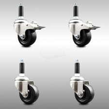 3 Inch 316SS Hard Rubber Swivel 7/8 Inch Expanding Stem Caster Set 2 Lck Brake