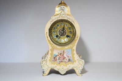ANTIQUE LONGWY FRENCH HP CUPIDS SIGNED QUENTIN MANTLE CLOCK ETIENNE MAXANT BREV.