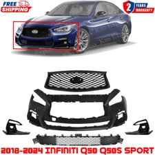 Front Bumper Cover & Upper Grille & Fog Light Pair For 2018-2024 Infiniti Q50