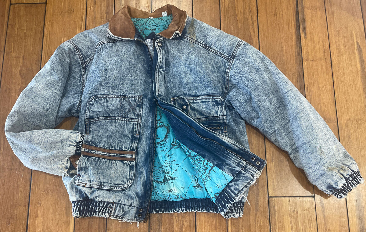 Vintage 80s Jean Bomber Acid Wash Jacket Mens Size L Leather Vintage 80s Jean Bomber Acid Wash Jacket Mens Size L Leather