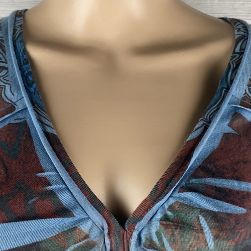 Camisa One World mediana azul marrón plisada teñida bohemia floral manga 3/4 - Imagen 2 de 12