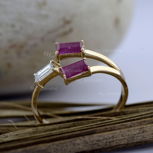 Three Stone Natural Ruby Diamond Ring Solid 18K Yellow Gold Open Cuff Ring. - Picture 3 of 13