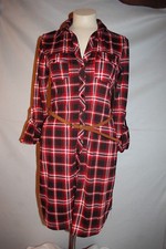 Womens L/S TUNIC SHIRT DRESS Wear 2 Ways RED BLACK WHITE PLAID Button Up M 8-10