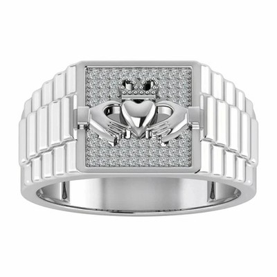 Round Natural Moissanite 0.50 Ct Heart Men's Claddagh Ring 14K White Gold Plated