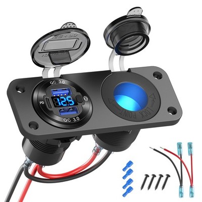 12V USB Outlet Marine Switch Panel Plug, PD3.0 and Dual QC3.0 USB Ports Alumi...