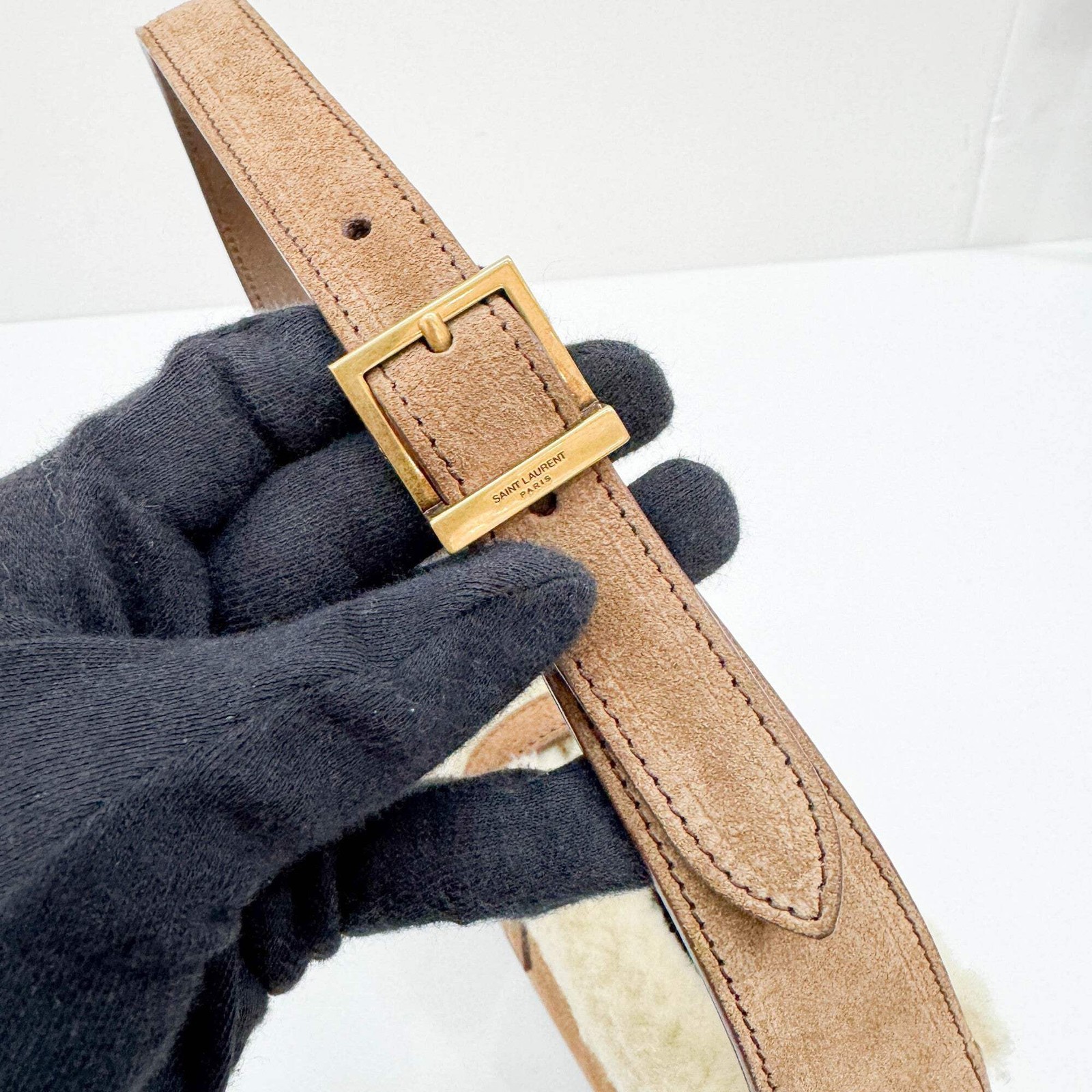 SAINT LAURENT Fur Trim Brown Suede Shoulder Bag thumbnail 10