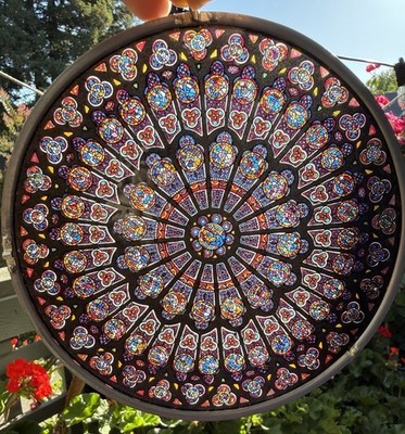 Vintage Glassmasters Notre Dame Rose Window Suncatcher Art Glass Panel 6.5 VTG