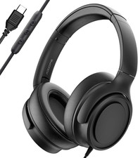 USB C Wired Over-Ear Headphones with Mic, Black, No Bag