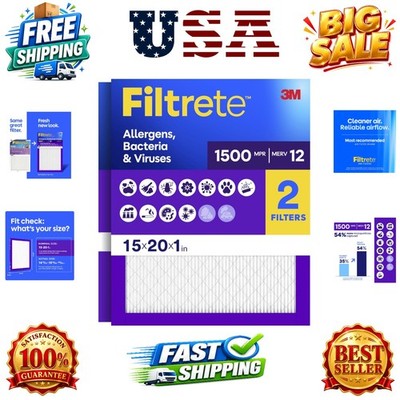 15x20x1 Air Filter, MERV 12, MPR 1500, Allergens, Bacteria & Viruses, 3- AC a...