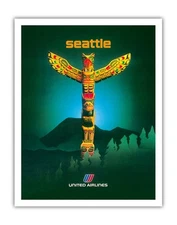 Seattle Washington - Totem Pole - Vintage United Airlines Travel Poster