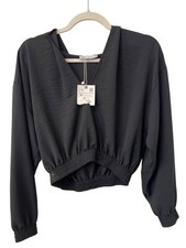 Zara Cropped Hoodie Size Medium V Neck Long Sleeve Pullover Black Relaxed NEW
