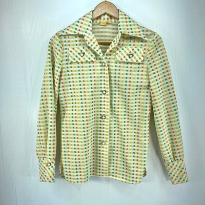 VTG Beeline Long Sleeve Button Front Polyester Shirt Multi Color Square Womens S