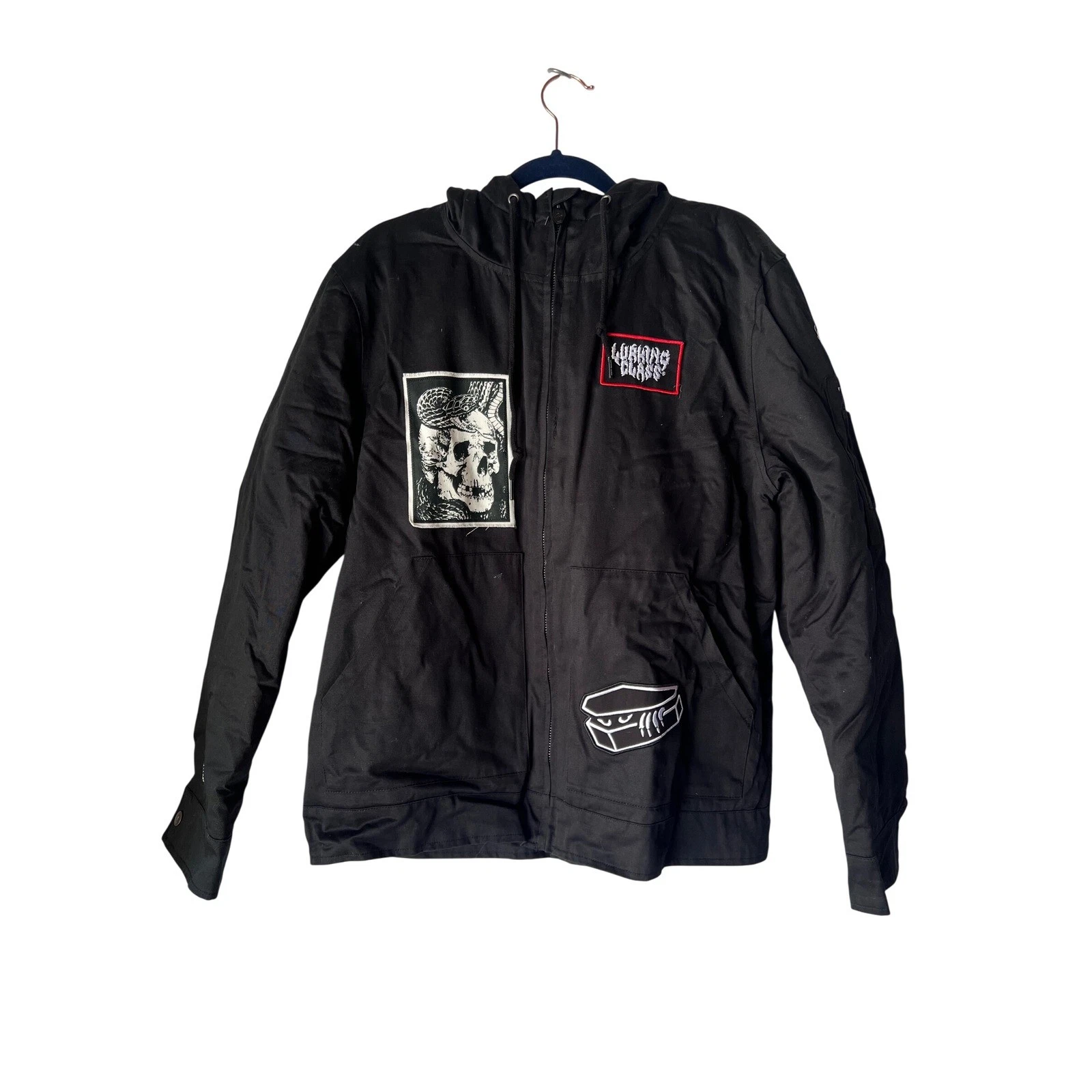 Lurking Class by Sketchy Tank Black Hooded Canvas Jacket Skull Patches Mens S image 1