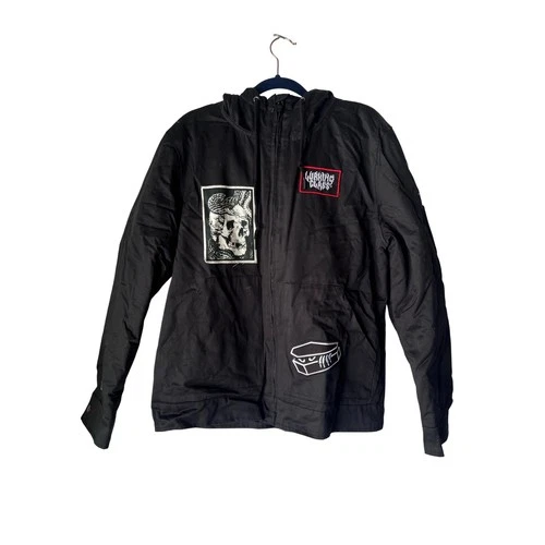 Lurking Class by Sketchy Tank Black Hooded Canvas Jacket Skull Patches Mens S video thumbnail