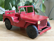 Vintage Pressed Steel Toy Red Willys Jeep Wood Commodities Corp. New York